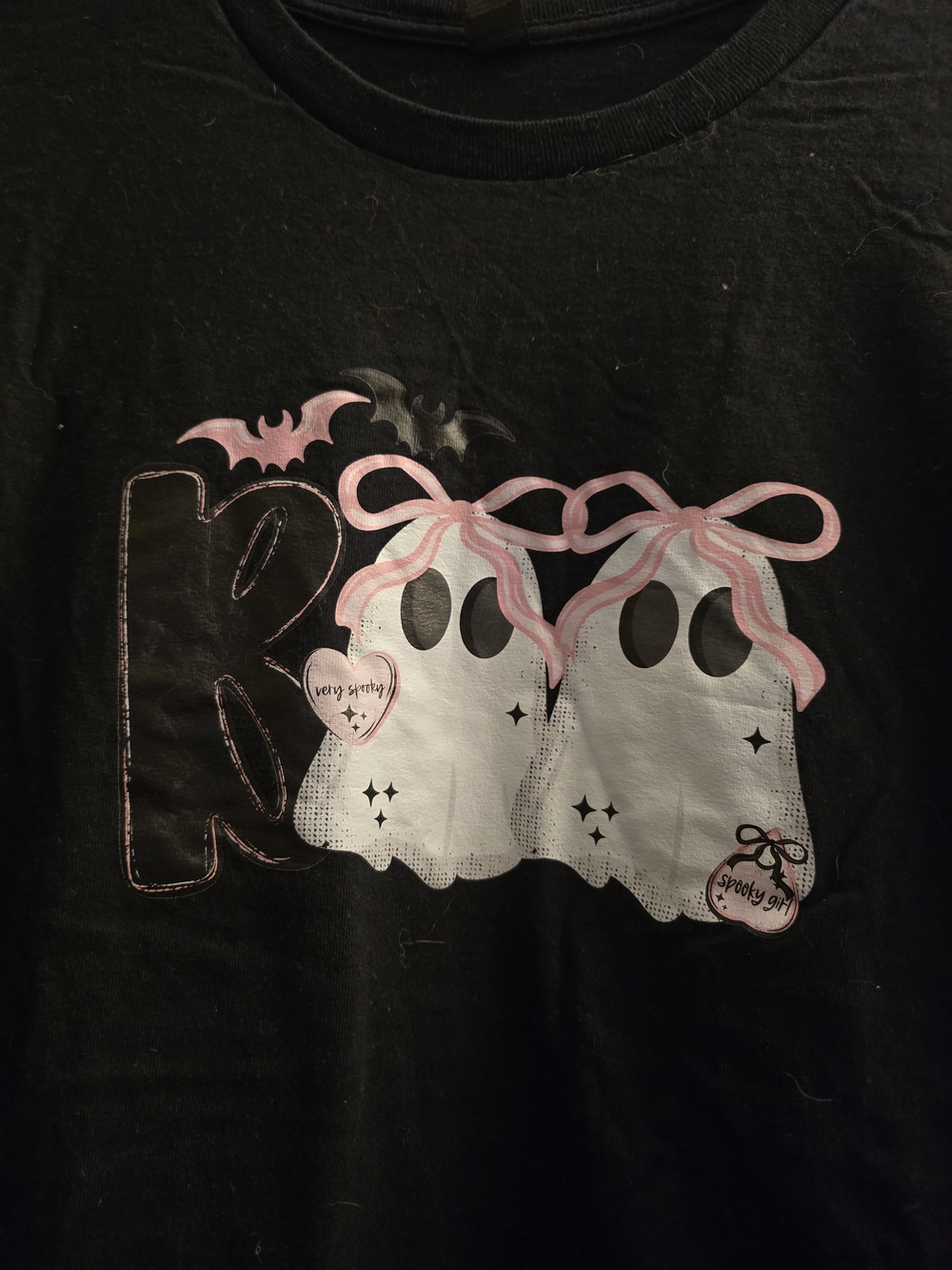 Black 'Boo' Ghost Graphic Short Sleeve Tee - Pink Accents/Bows